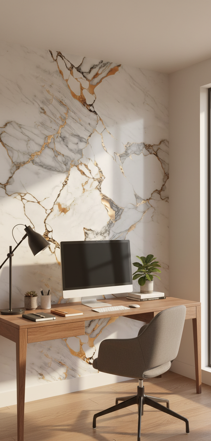 Golden Drop PVC Wandpaneel 260 x 122 cm – Weiße Marmoroptik mit goldenen Akzenten