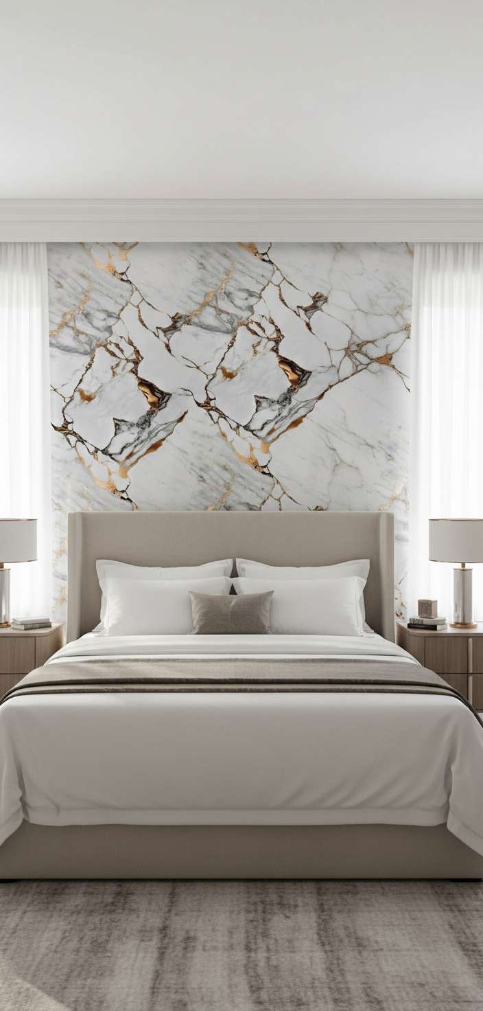 Golden Drop PVC Wandpaneel 260 x 122 cm – Weiße Marmoroptik mit goldenen Akzenten