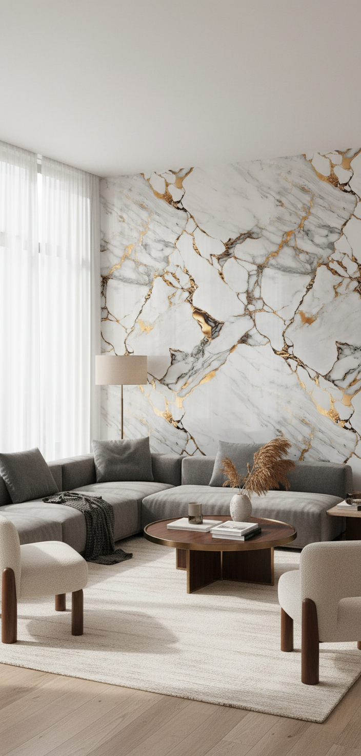 Golden Drop PVC Wandpaneel 260 x 122 cm – Weiße Marmoroptik mit goldenen Akzenten