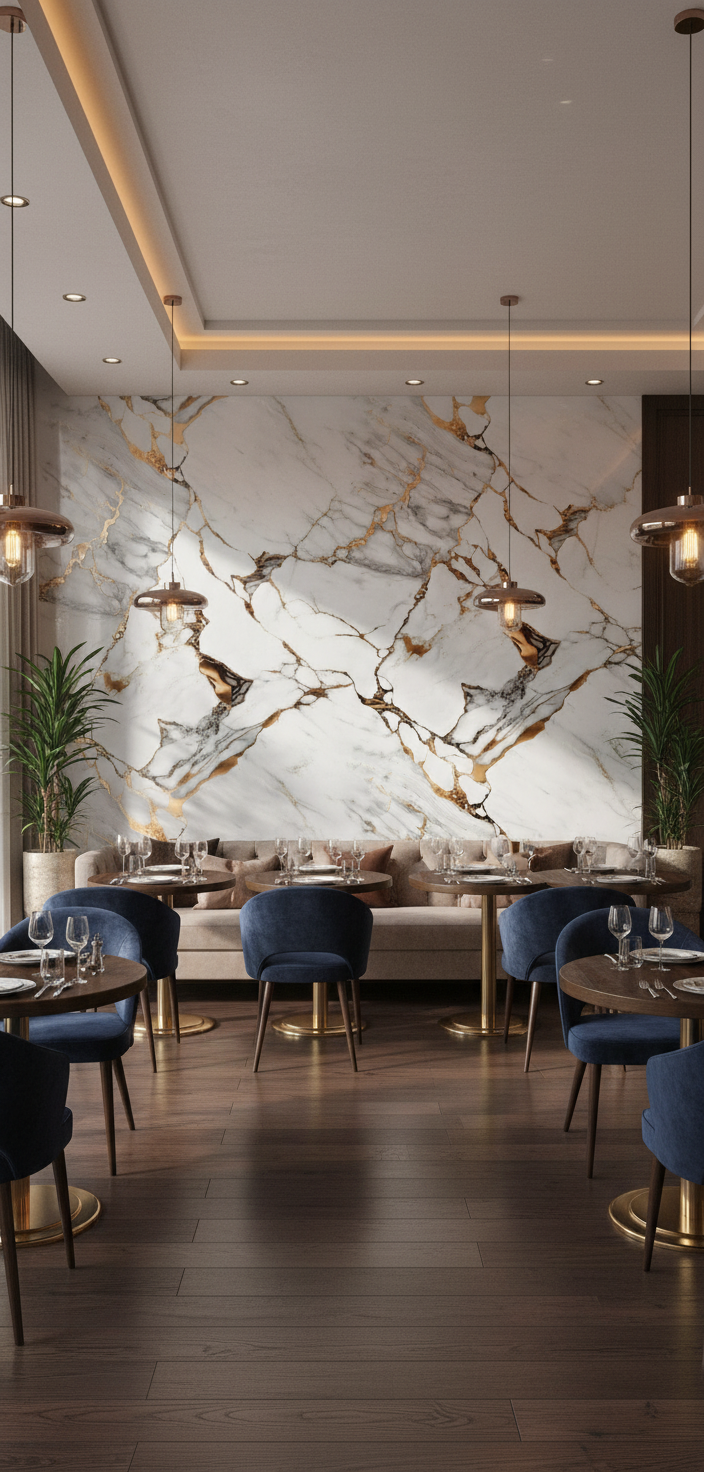 Golden Drop PVC Wandpaneel 260 x 122 cm – Weiße Marmoroptik mit goldenen Akzenten