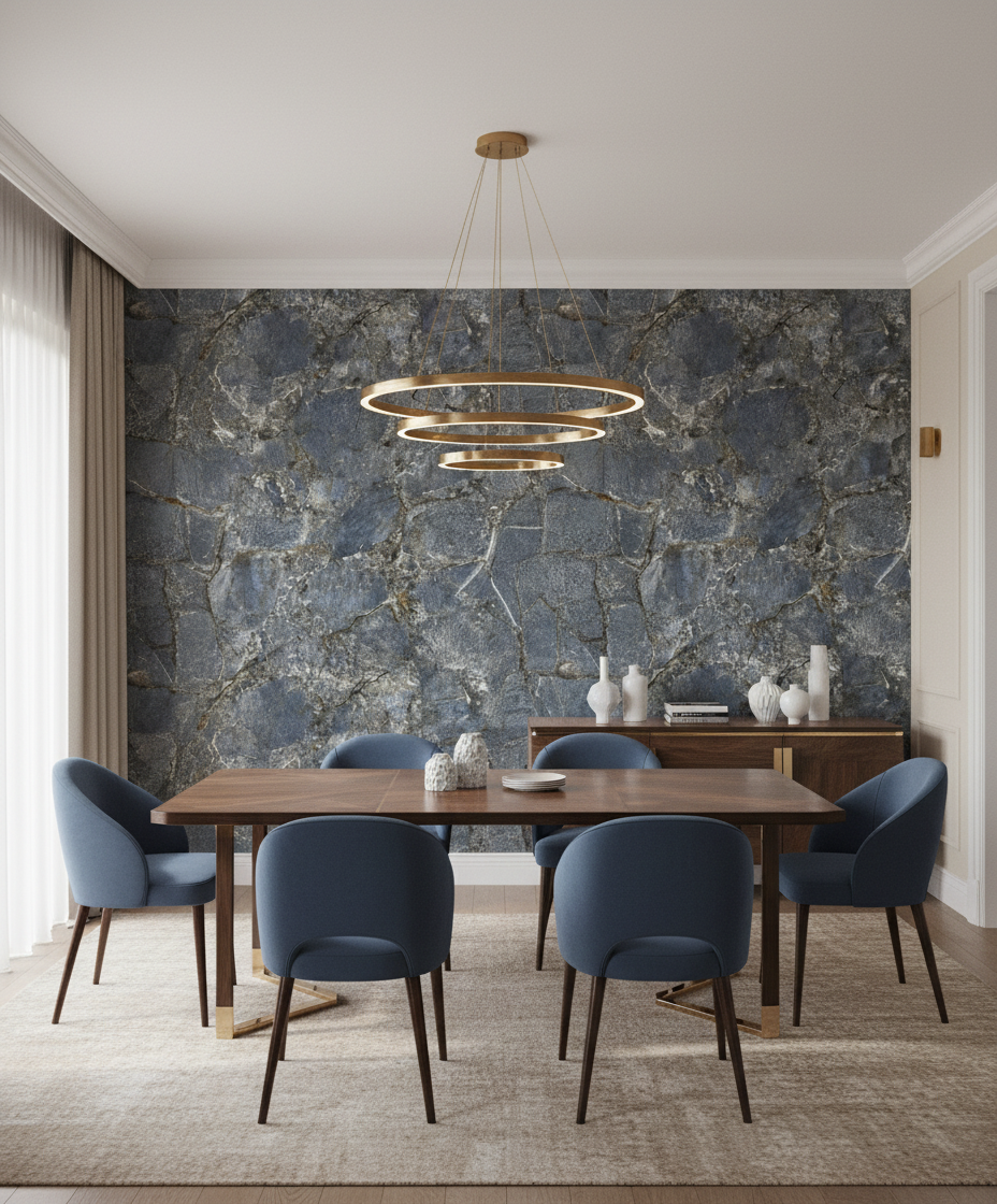 Azul Bahia PVC stěnový panel 280 x 120 cm – Tmavě modrý kamenný vzhled se zlatohnědými žilkami