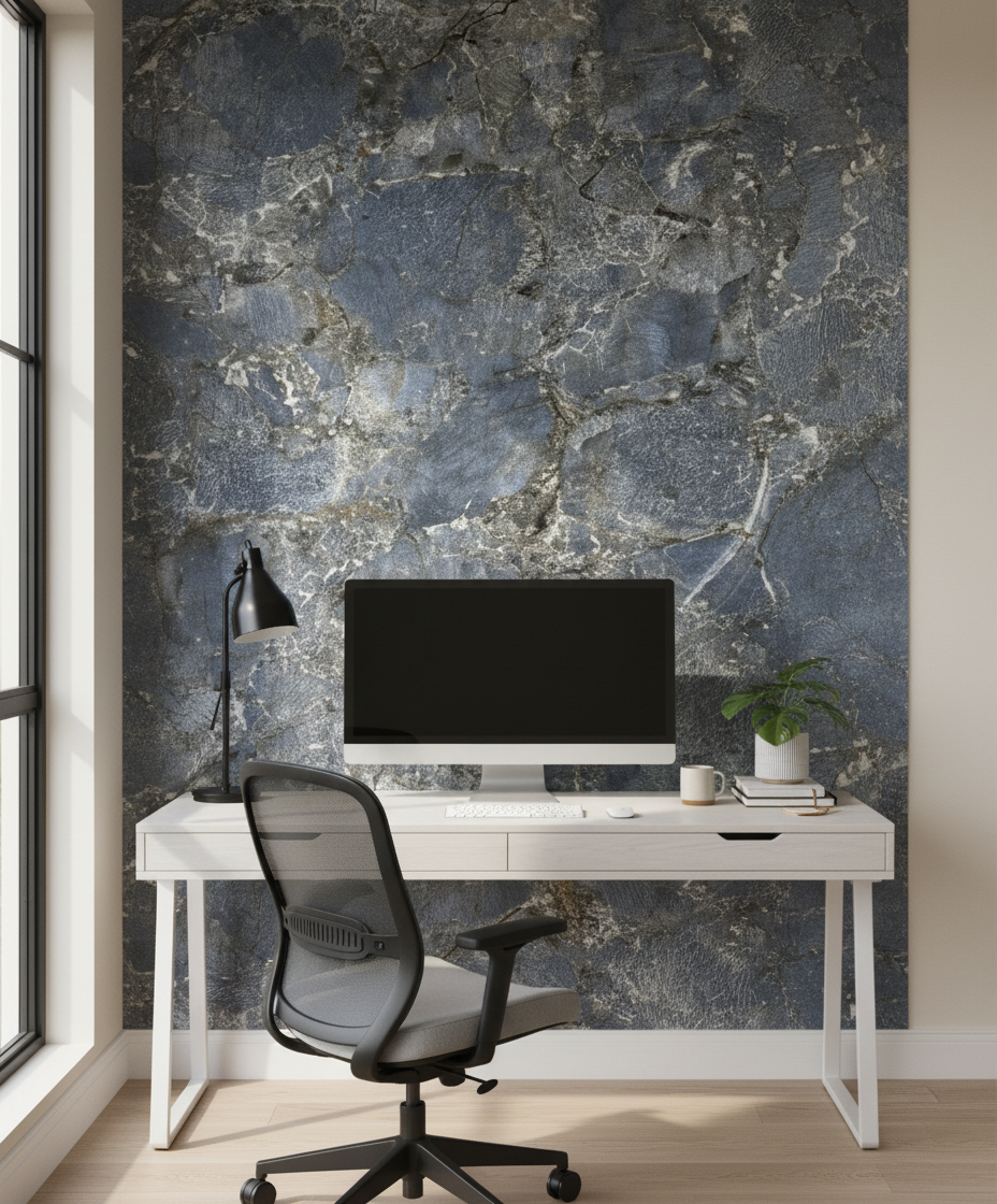 Azul Bahia PVC stěnový panel 280 x 120 cm – Tmavě modrý kamenný vzhled se zlatohnědými žilkami