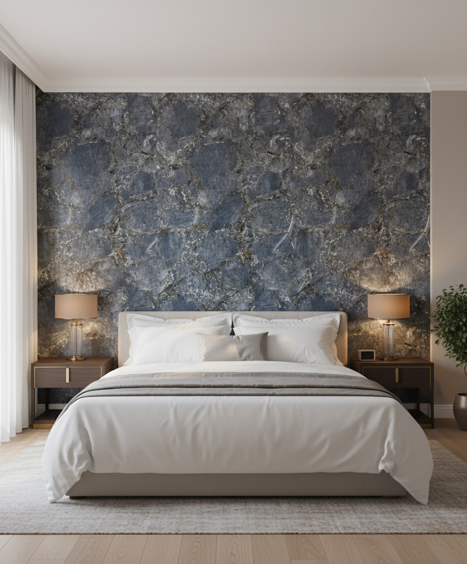 Azul Bahia PVC stěnový panel 280 x 120 cm – Tmavě modrý kamenný vzhled se zlatohnědými žilkami