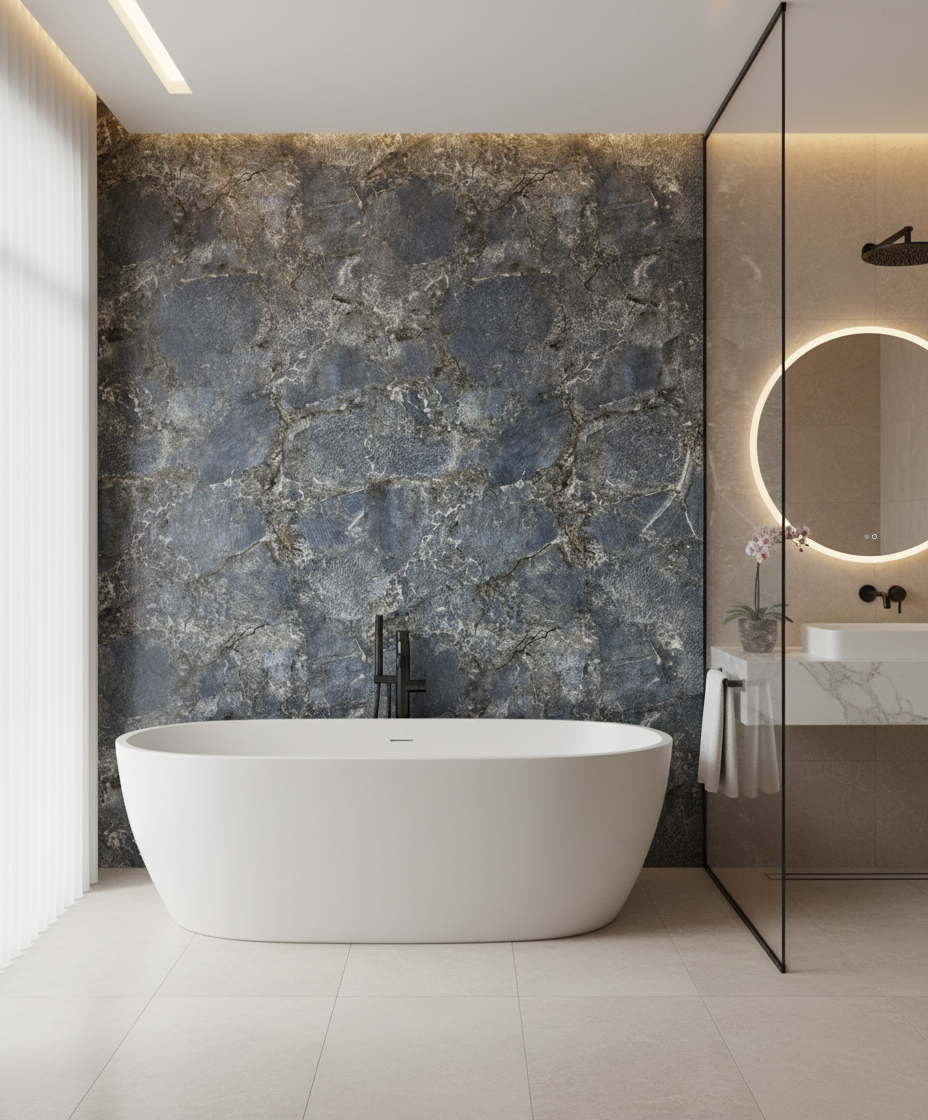 Azul Bahia PVC stěnový panel 280 x 120 cm – Tmavě modrý kamenný vzhled se zlatohnědými žilkami