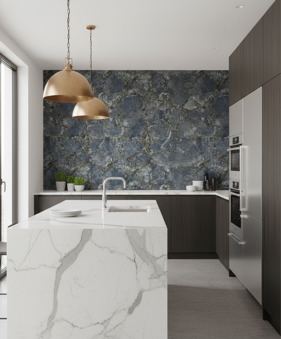 Azul Bahia PVC stěnový panel 280 x 120 cm – Tmavě modrý kamenný vzhled se zlatohnědými žilkami