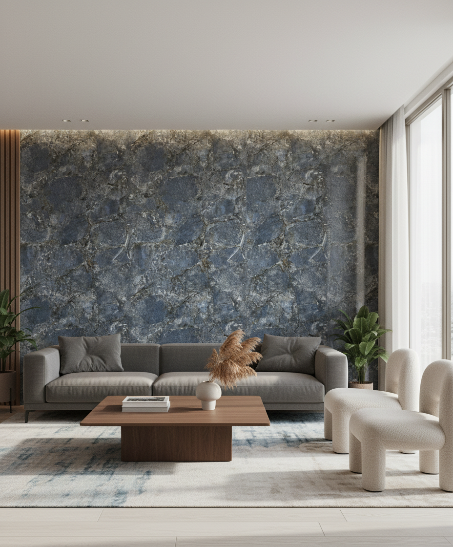 Azul Bahia PVC stěnový panel 280 x 120 cm – Tmavě modrý kamenný vzhled se zlatohnědými žilkami