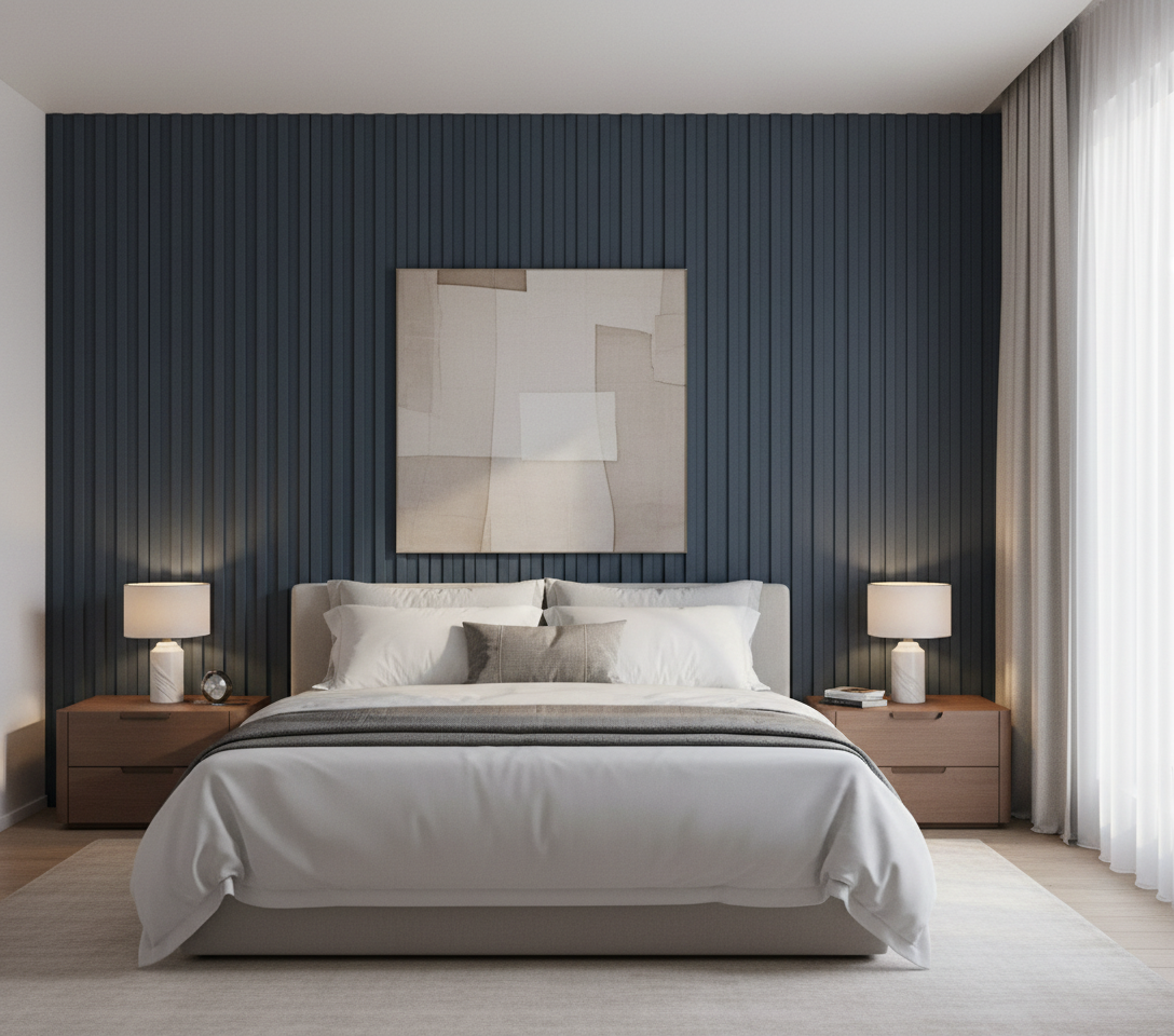 BambooCore Midnight Blue Linen 3D WPC Wandpaneel – WPC Strukturpaneel 280 cm