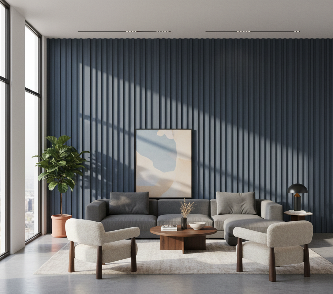 BambooCore Midnight Blue Linen 3D WPC Wandpaneel – WPC Strukturpaneel 280 cm
